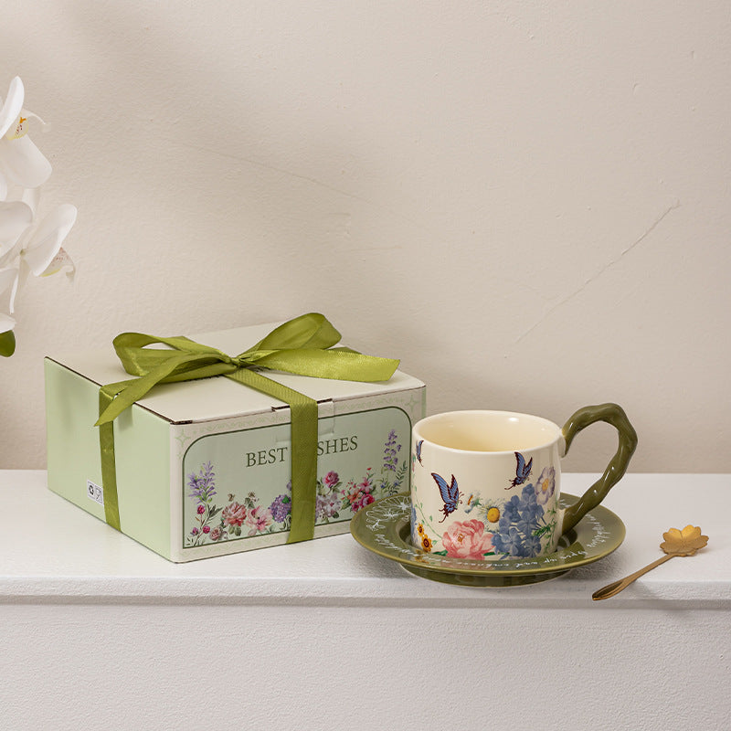 Ceramic Butterfly Coffee Cup and Saucer Gift Set - Vintage Kitchen Drinkware