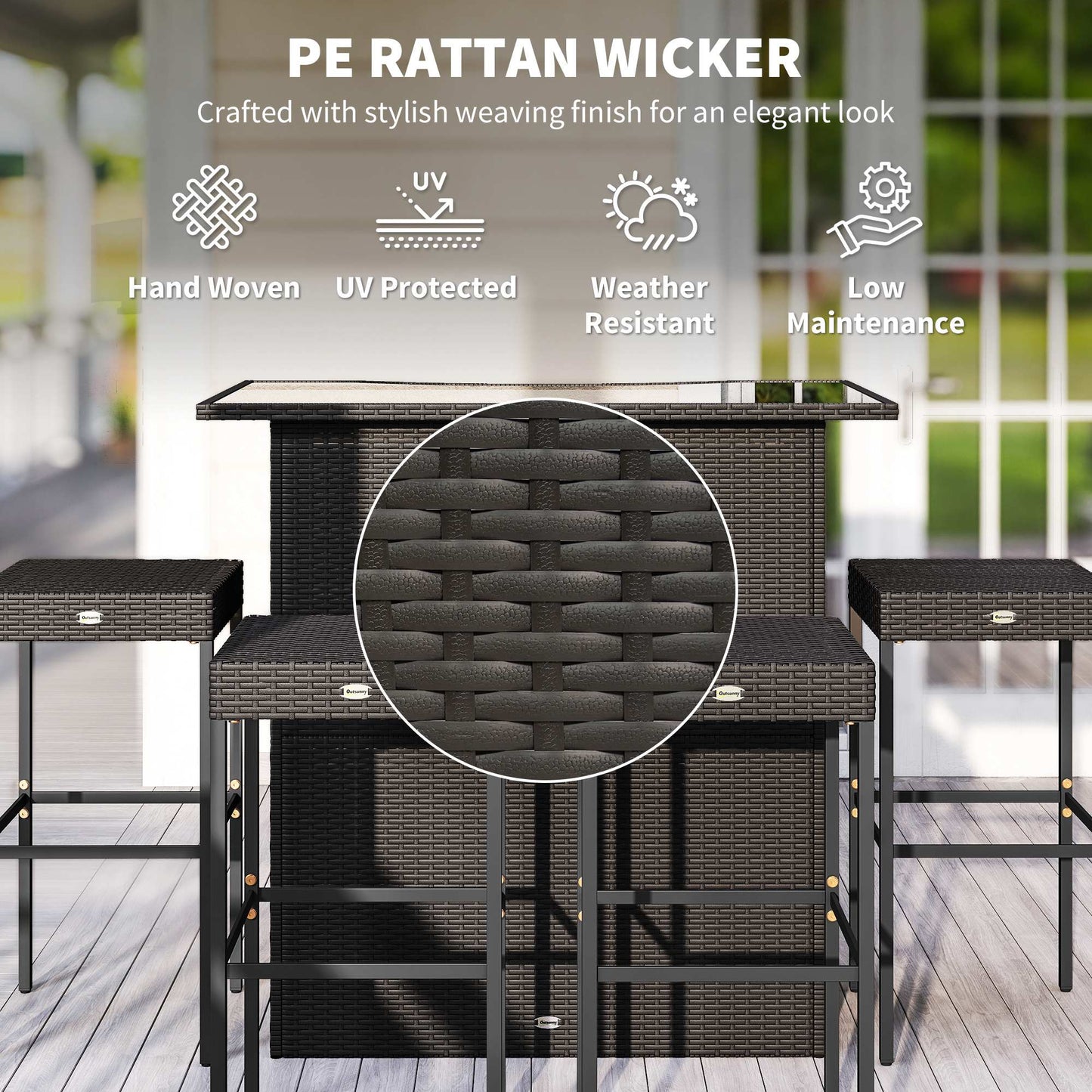 5-Piece Rattan Wicker Bar Set with Glass Table & 4 Stools - Dark Brown