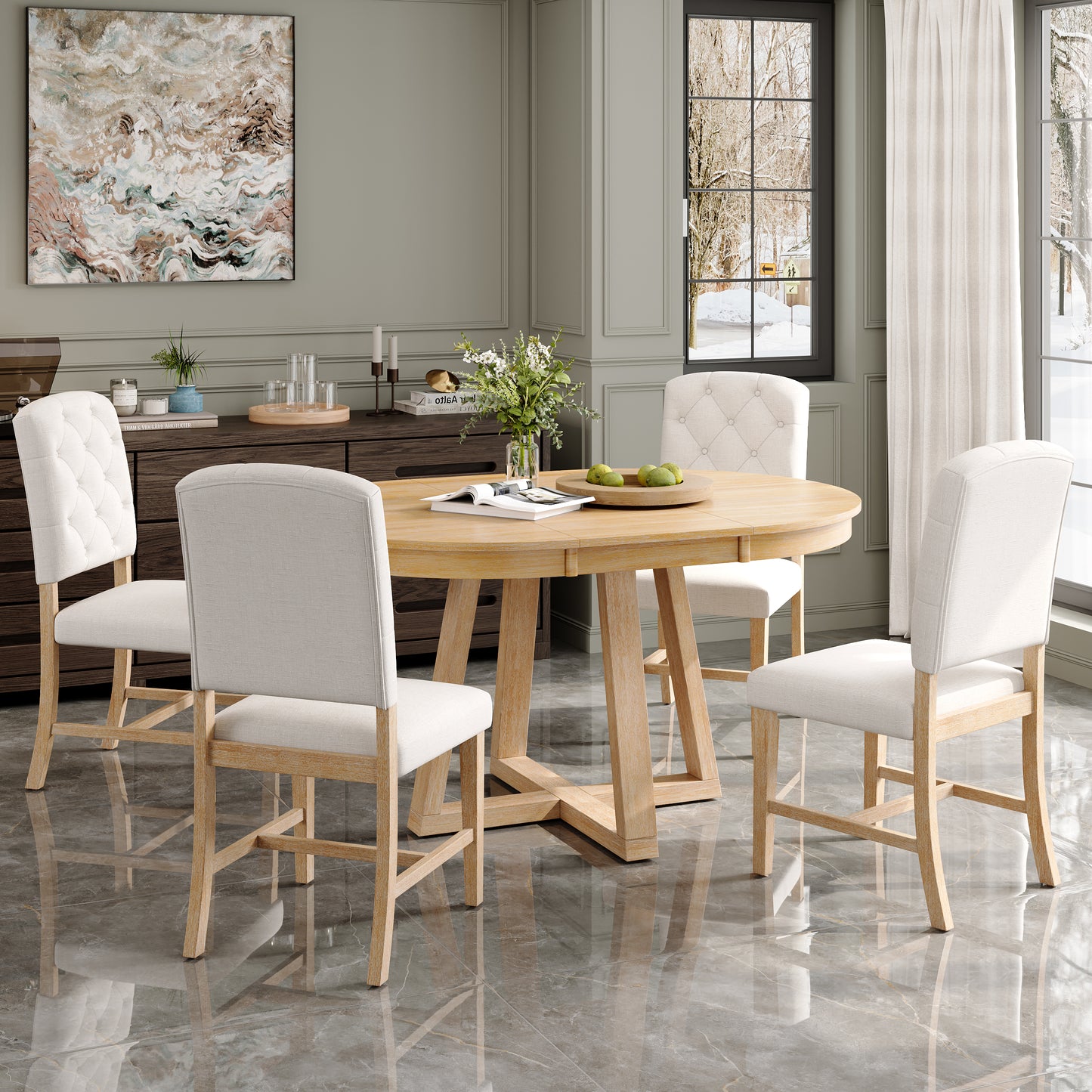 5-Piece Retro Dining Set with Round Table & 4 Upholstered Chairs - Natural