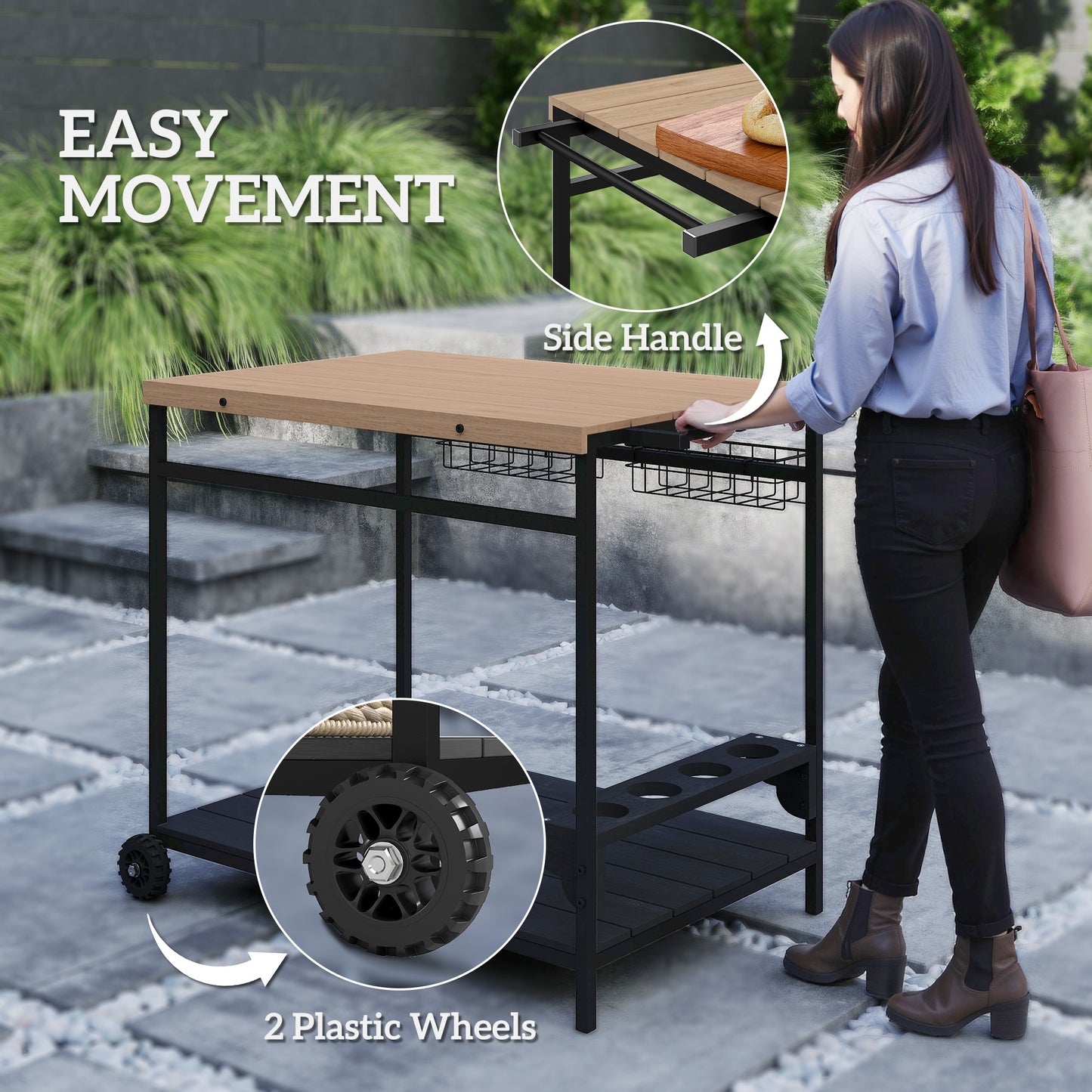 Outdoor Bar Cart with Wine Holders - Natural Wood