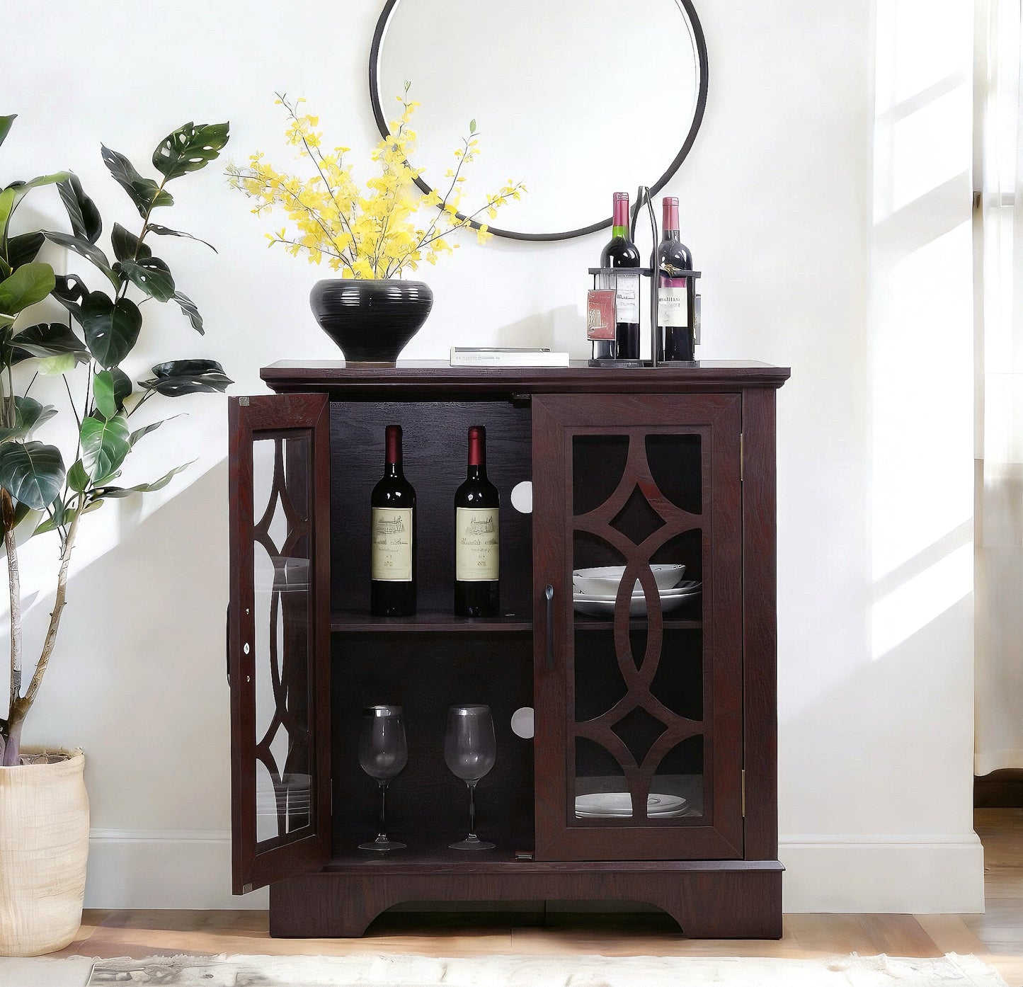 34.37 X 15.55 34.06in Spacious Size Sideboard 2 Clear Tempered Glass