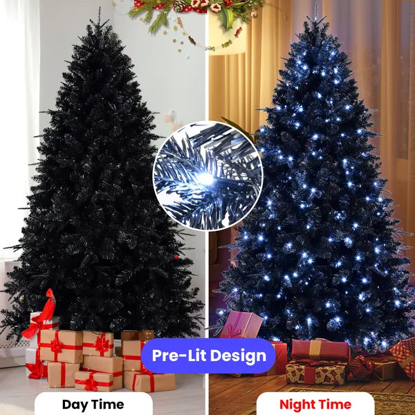 7ft Black LED Christmas Tree with Hinged Base for Indoor Decor