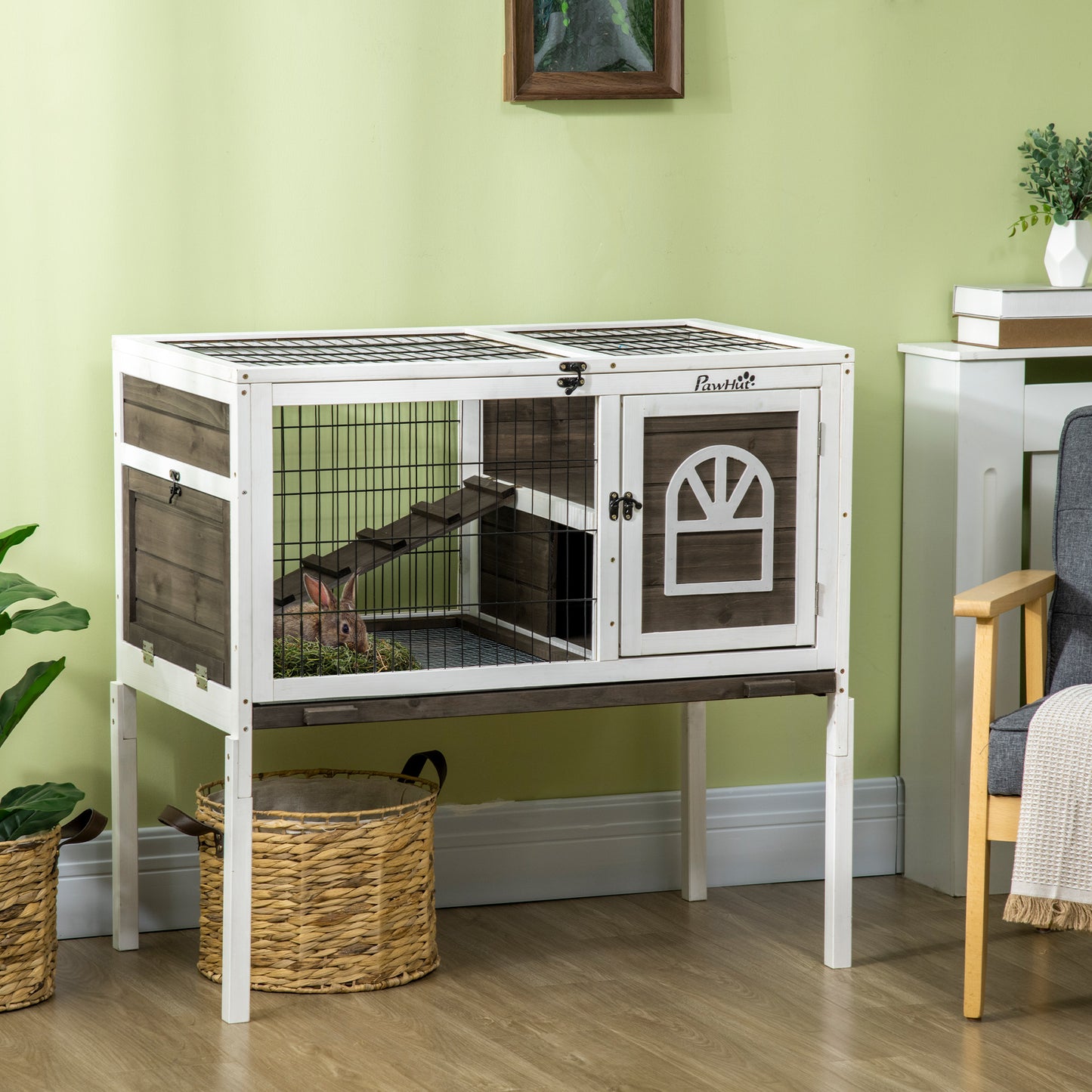 Wood Rabbit Hutch with Run - Elevated Pet Cage in Coffee Finish