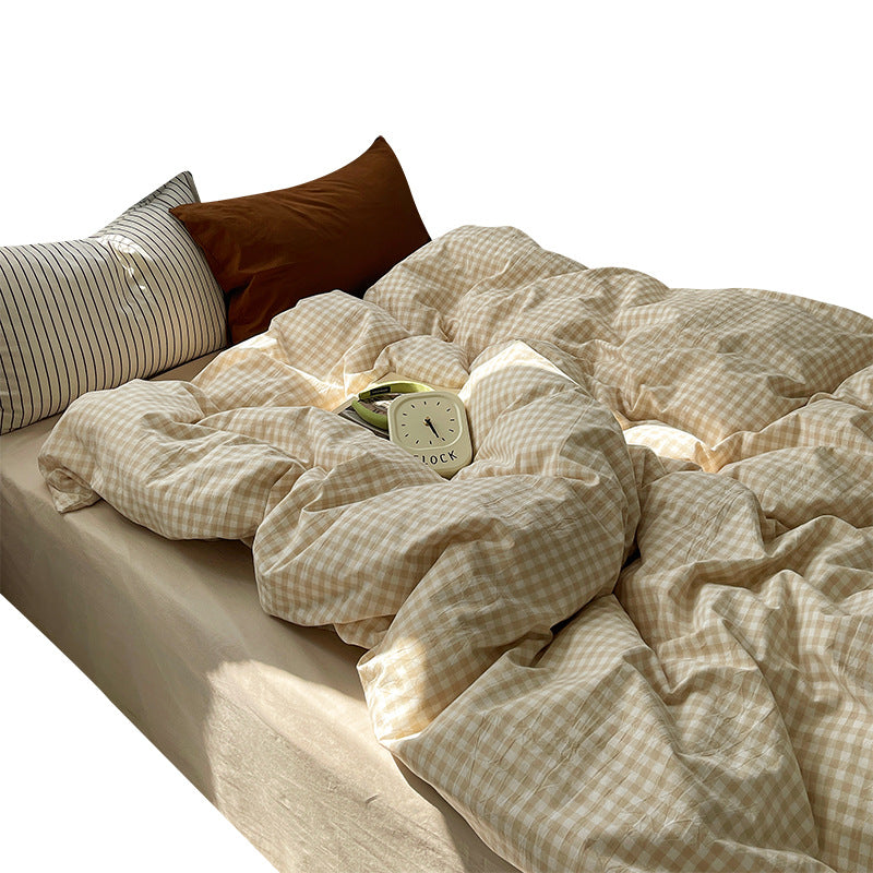 Fresh All-Cotton Checkered Bedding Set - Light Beige, 4 Pieces