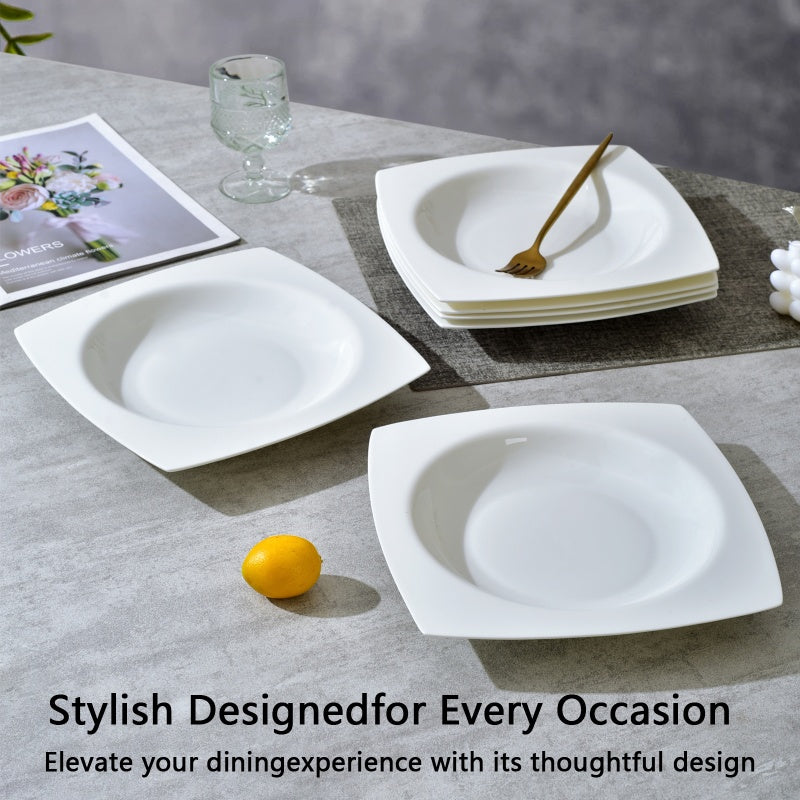 9.5-Inch Square Soup Plate Set - 6 Pieces of White Bone China