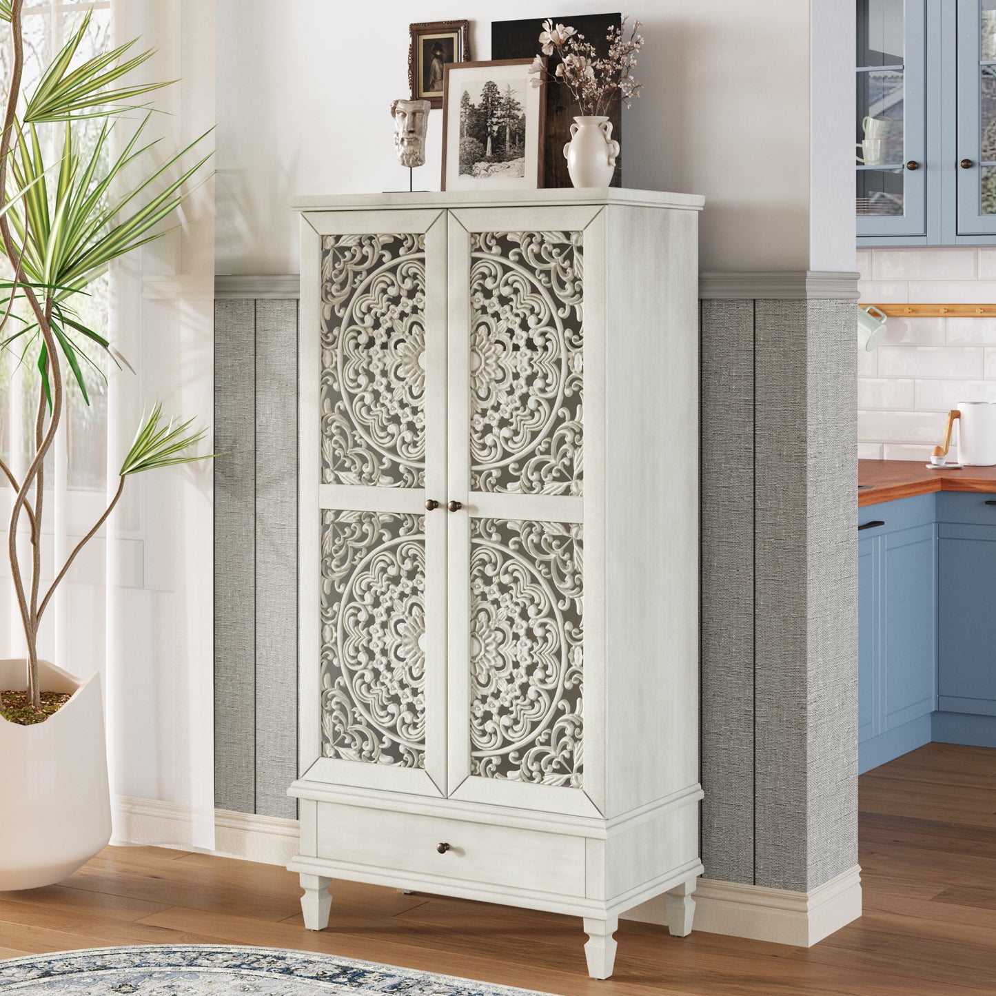 Rustic 55" Tall Storage Cabinet with Drawer - Antique Grey White