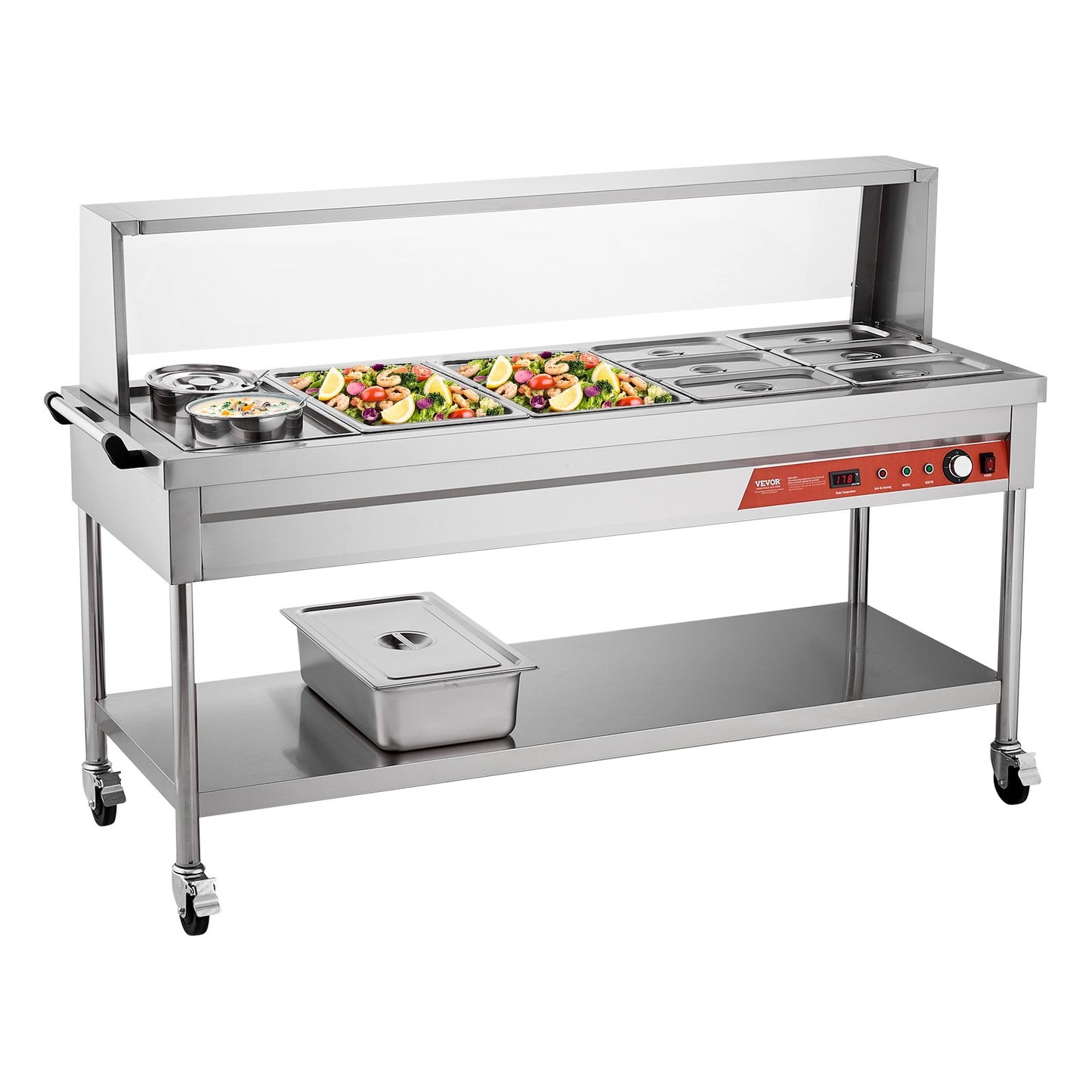 Commercial Food Warmer Steam Table with 8 Pans & 2 Pots - Silver
