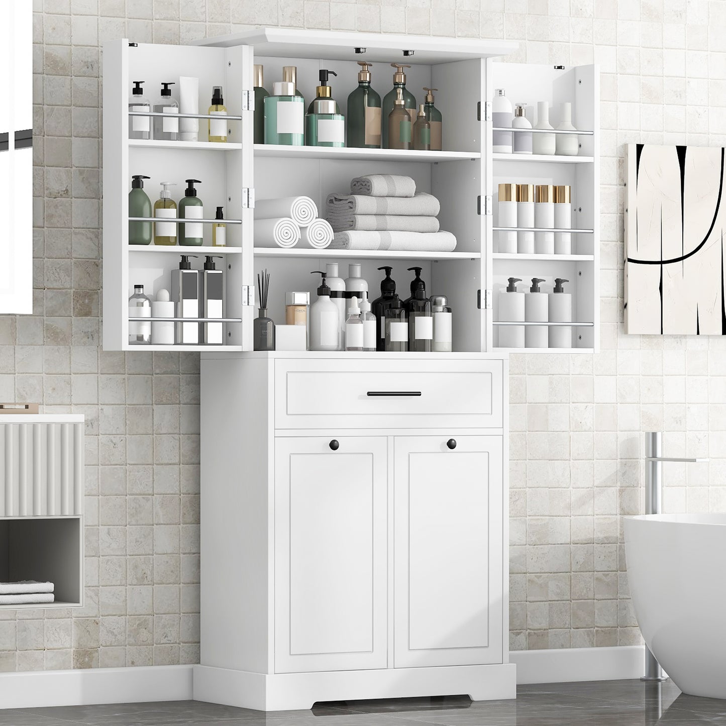 Freestanding Bathroom Storage Cabinet with Tilt-Out Hamper - White