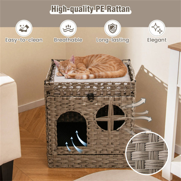 Gray Wicker Cat Condo with Litter Mat & Detachable Cushion - Hidden Enclosure