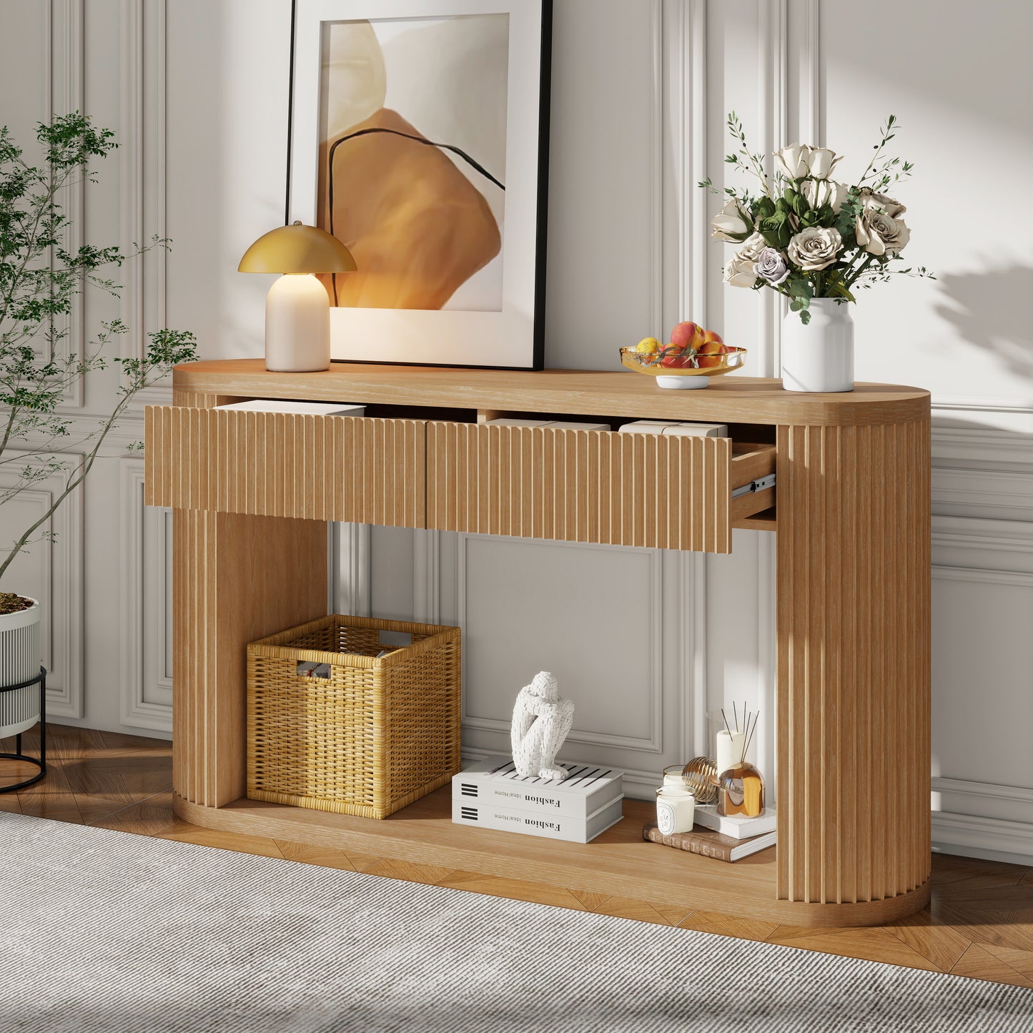 Oval Fluted Console Table with 2 Drawers & Bottom Shelf - Natural