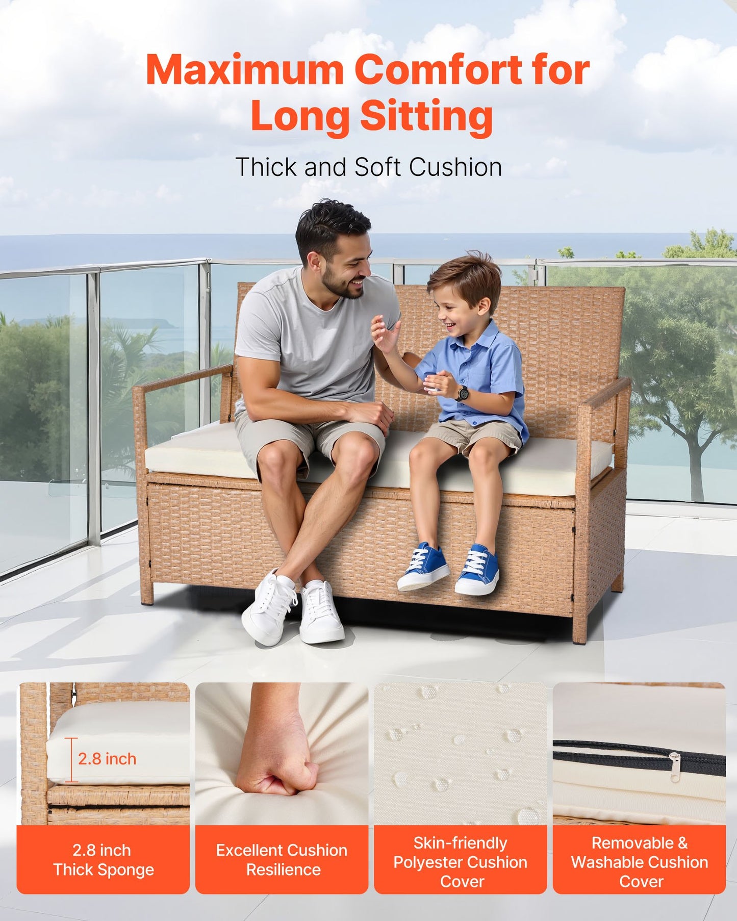 Outdoor Storage Bench with Cushion 70 Gal Waterproof Rattan Deck Box - Brown