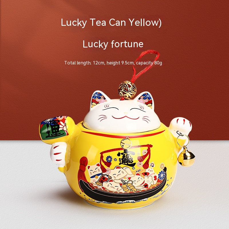 Ceramic Lucky Cat Tea Jar Storage Container - Japanese Style Household Gift Box