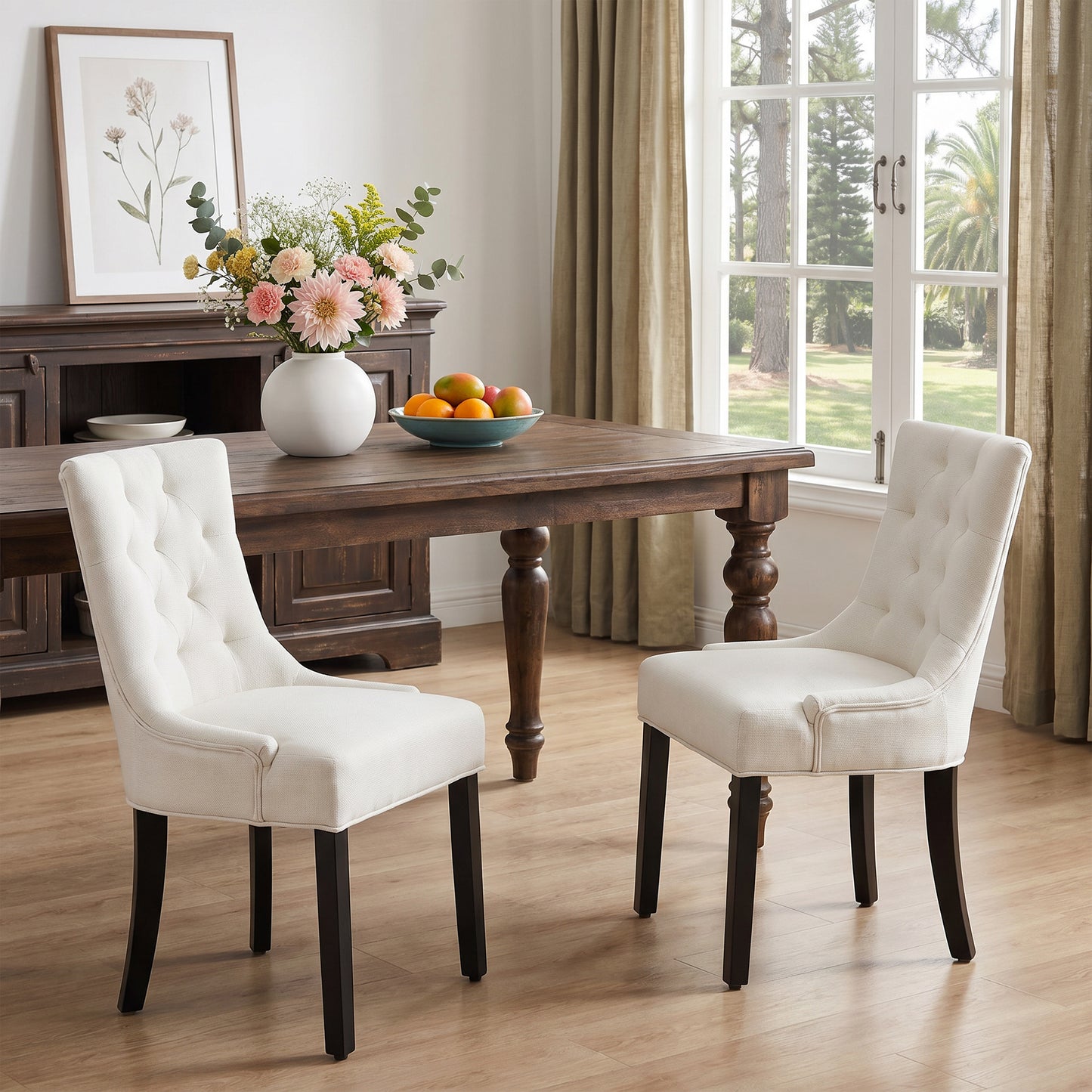 Modern Tufted Dining Chairs - Set of 2 Linen Upholstery Beige