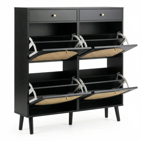 Black Rattan-Front Shoe Cabinet with 2 Drawers and 4 Flip-Down Compartments