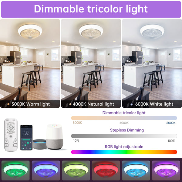 15 Inch RGB Dimmable Ceiling Fan with Light - Remote Control, Quiet Bladeless Design