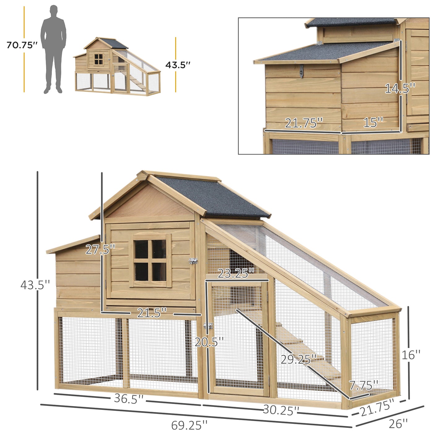 69-Inch Wooden Chicken Coop with Ramp Nesting Box Ventilated Window & Tray