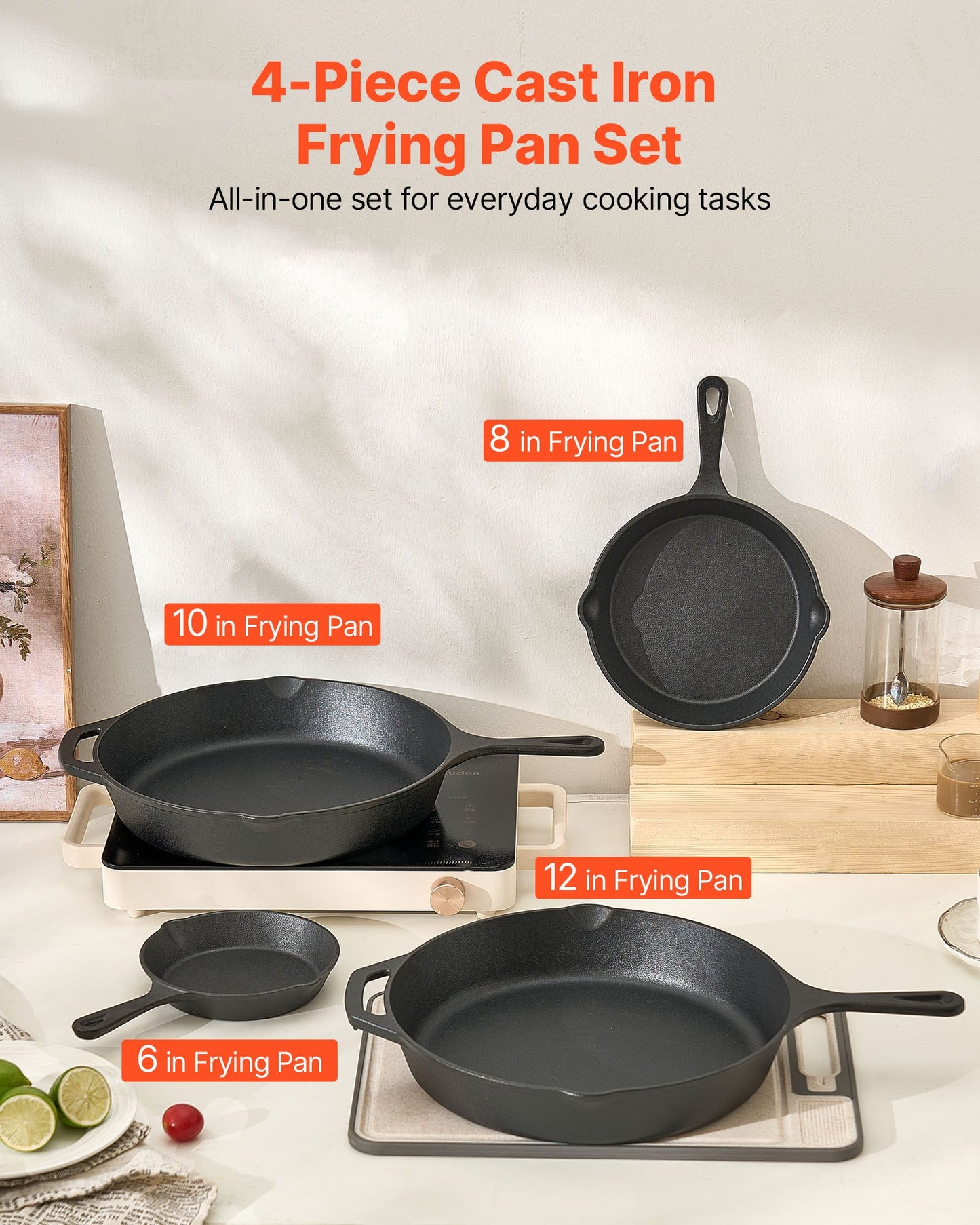 Cast Iron Skillet Frying Pan Set - 6, 8, 10, 12 Inch with Silicone Handle