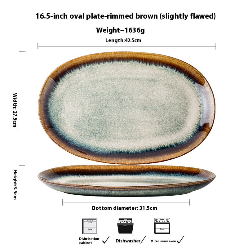 Oval Ceramic Fish Serving Plate 16.5 Inches Brown Edge Kitchen Dinnerware