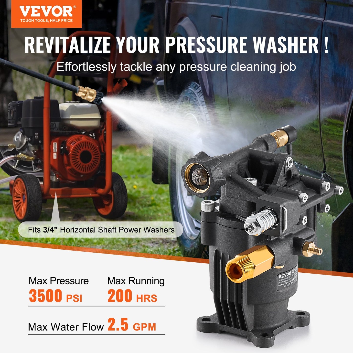 Pressure Washer Pump 3/4-Inch Horizontal Shaft 3500 PSI 2.5 GPM with 5 Nozzles - Black