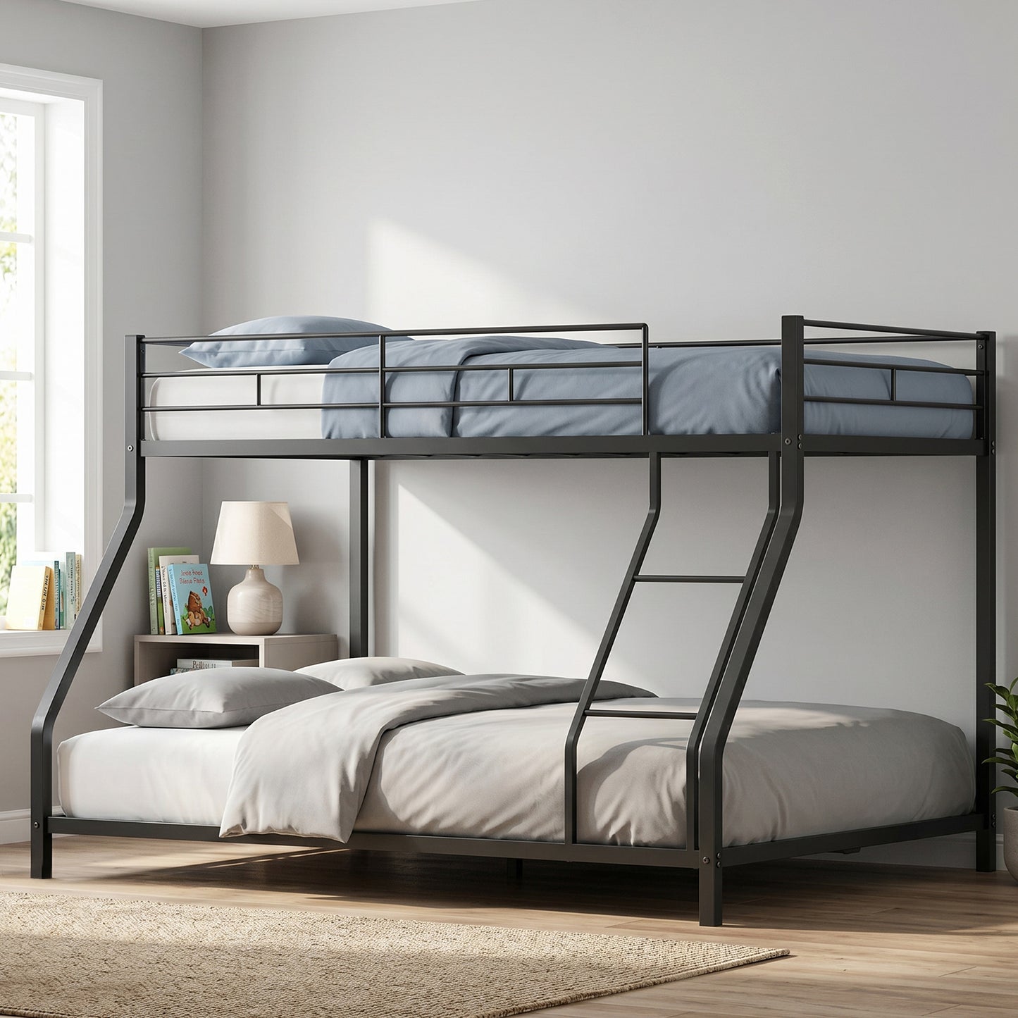 Twin Over Full Metal Bunk Bed Frame with Ladder and Guardrail