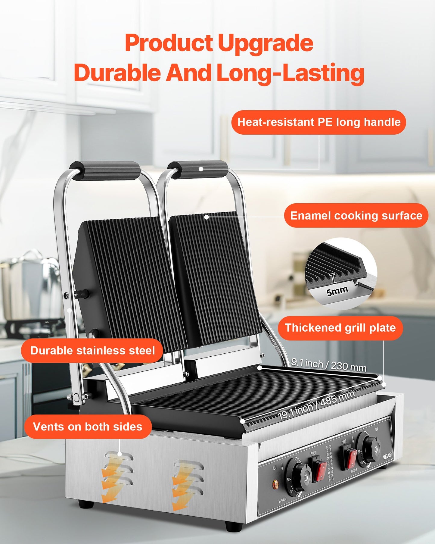 Commercial Electric Panini Press Grill 19x9in Sandwich Maker with Adjustable Temperature