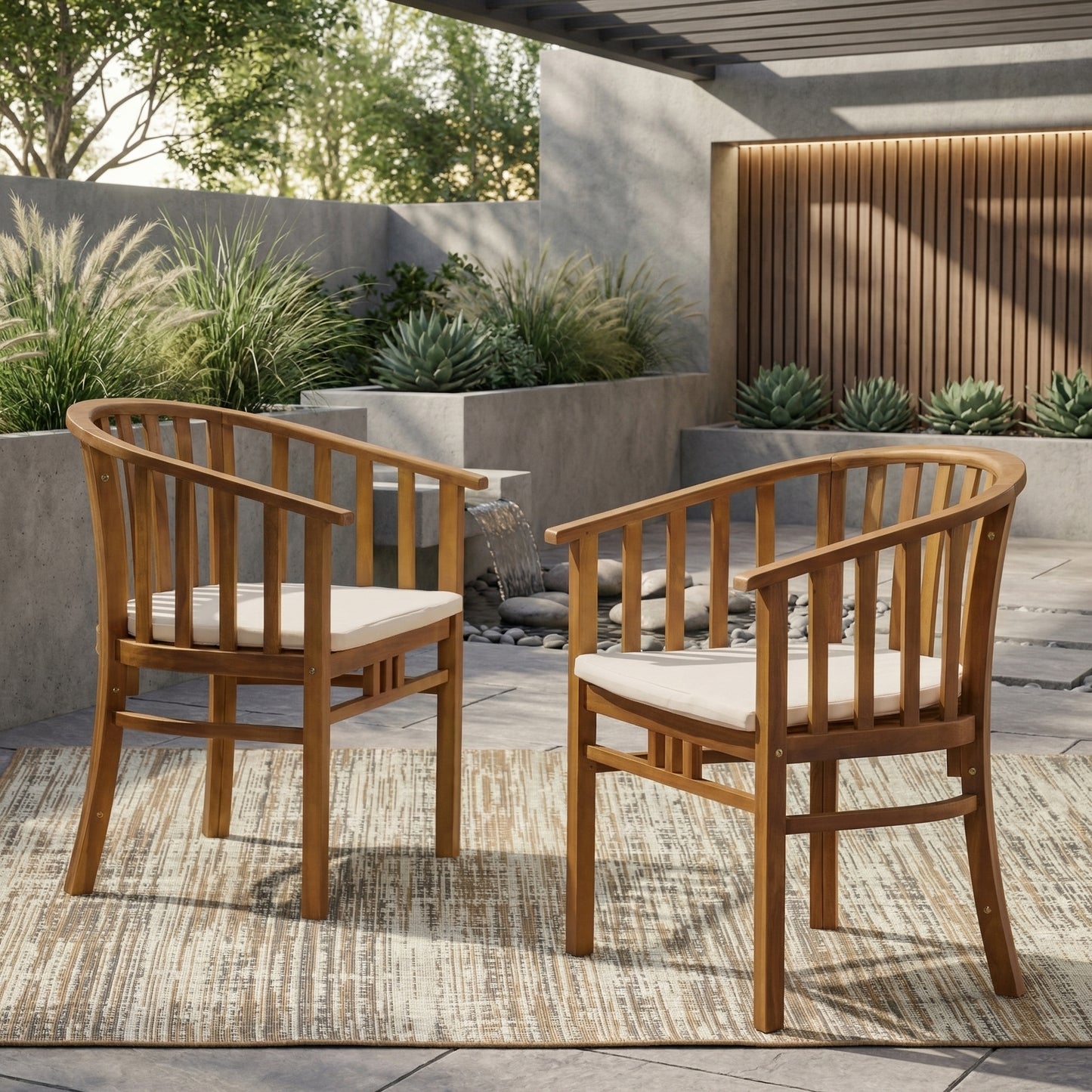 Outdoor Dining Chairs Set of 2 with Cushions - Teak Finish