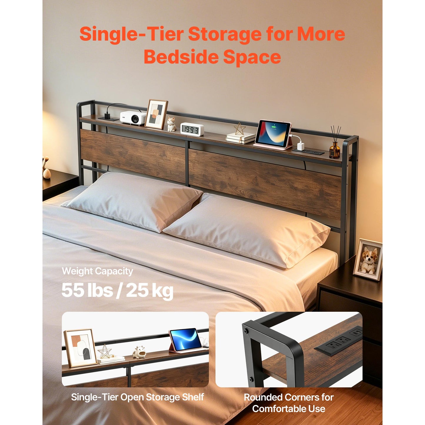 King Size Bed Headboard with Storage Shelf USB & Charging Ports - Adjustable & Sturdy Carbon Steel Frame, Black or Brown