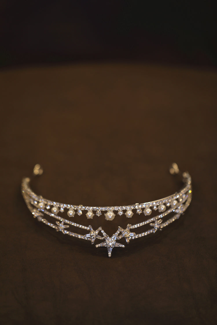 Pearl Rhinestone Crown Headband - Silver