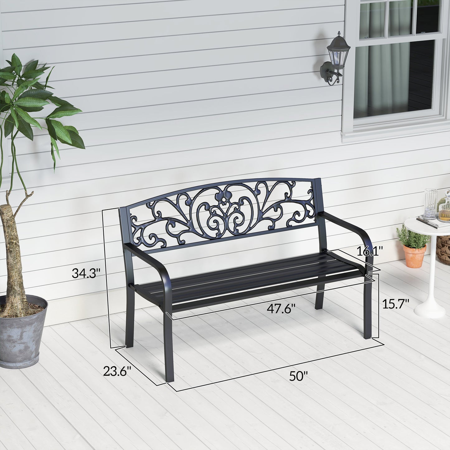 50" Floral Design Garden Patio Bench - Comfortable Black Steel