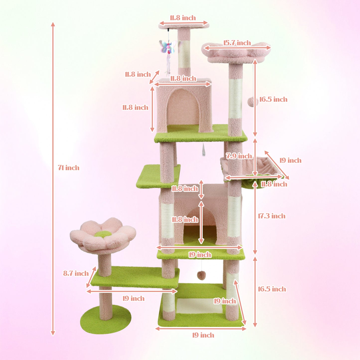 71-Inch Flower Cat Tree with Large Condo, Removable Flower Cushion & Hammock - Pink