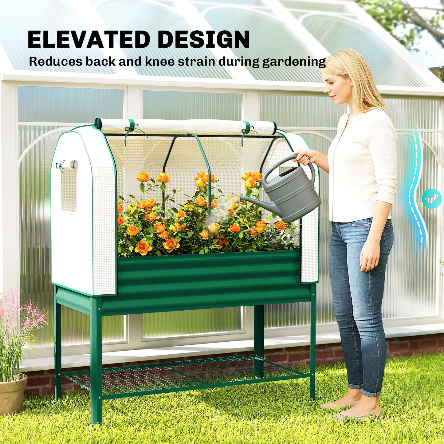 Galvanised Raised Garden Bed with Greenhouse Cover & Bottom Shelf - 1330x370x120mm