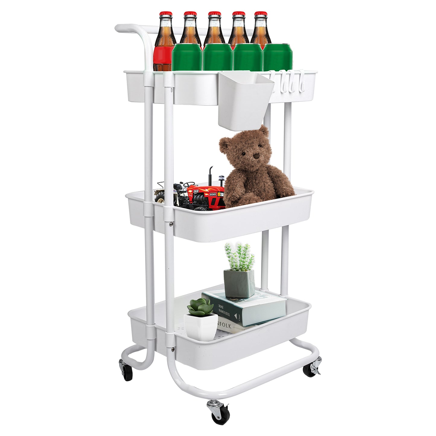 3-Tier Rolling Utility Cart with Mesh Baskets and Lockable Wheels
