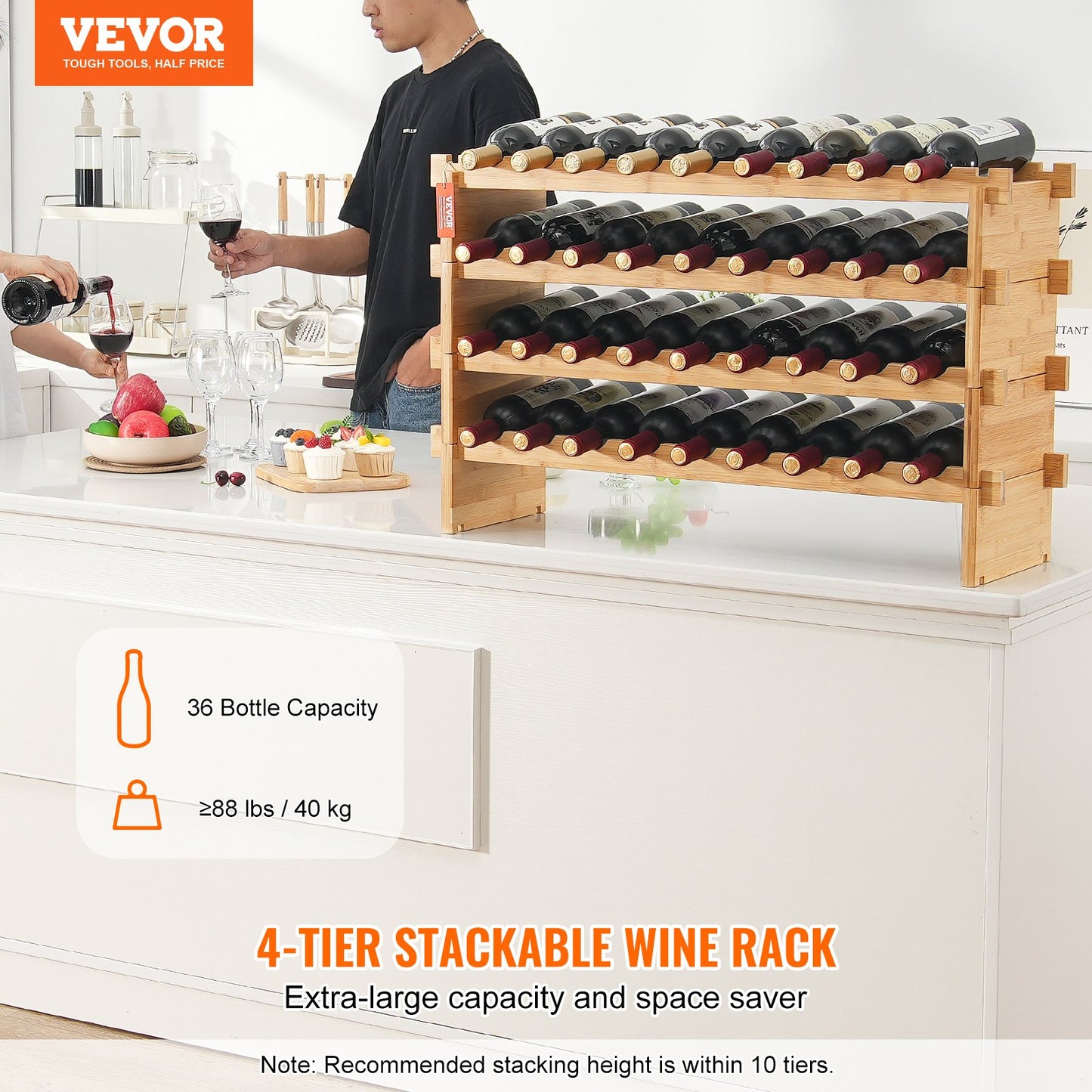 36-Bottle Stackable Bamboo Wood Wine Rack - Natural