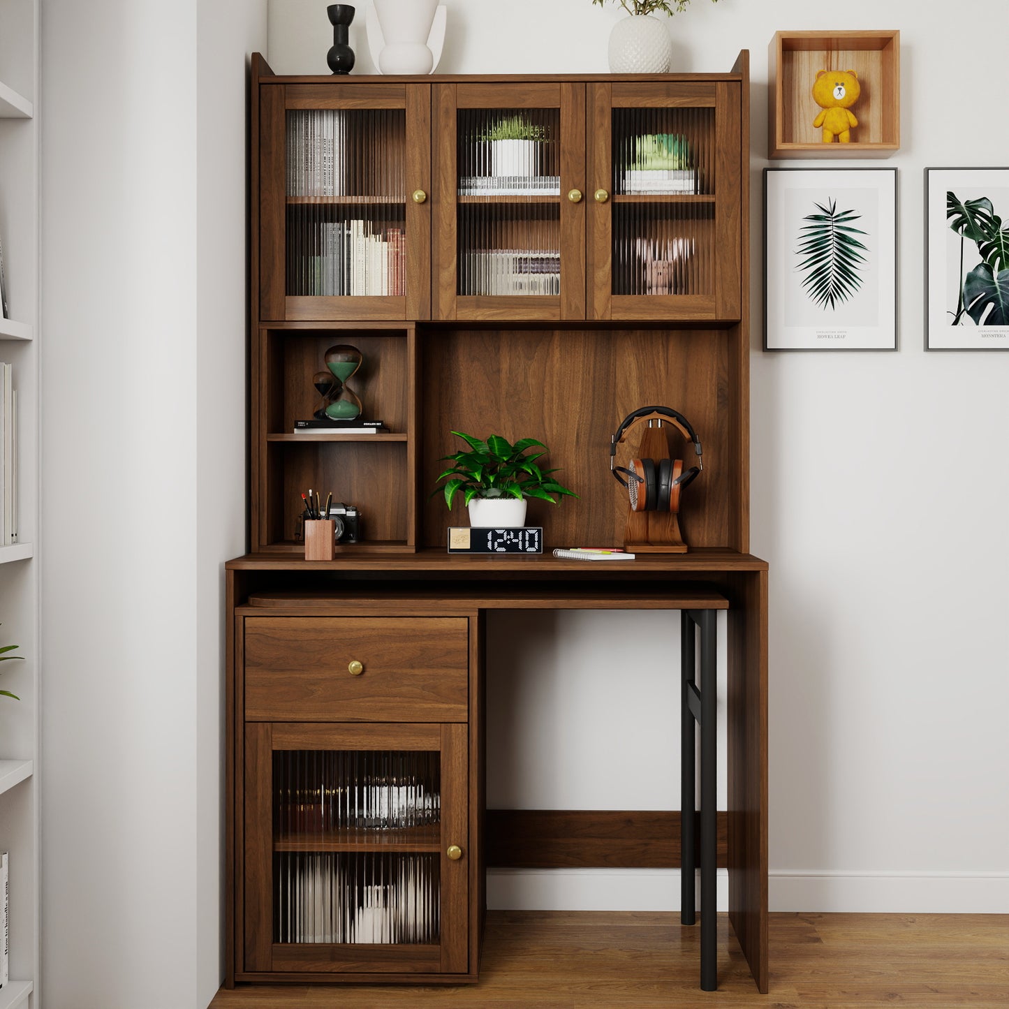 Computer Desk with Rotating Top & Glass Door - Walnut