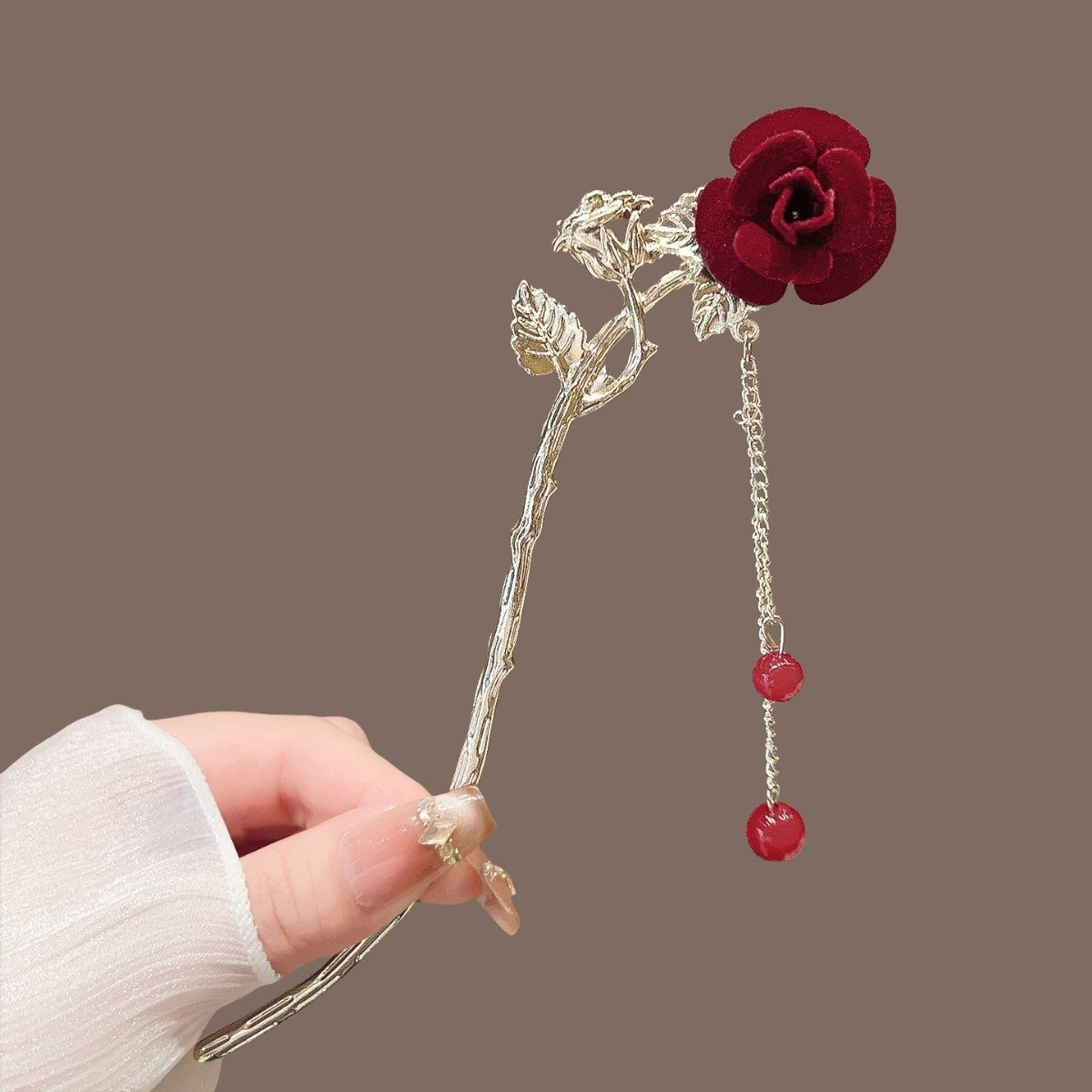Vintage Floral Hair Stick with Red Flowers and Gold Leaves - Women’s Hair Accessory