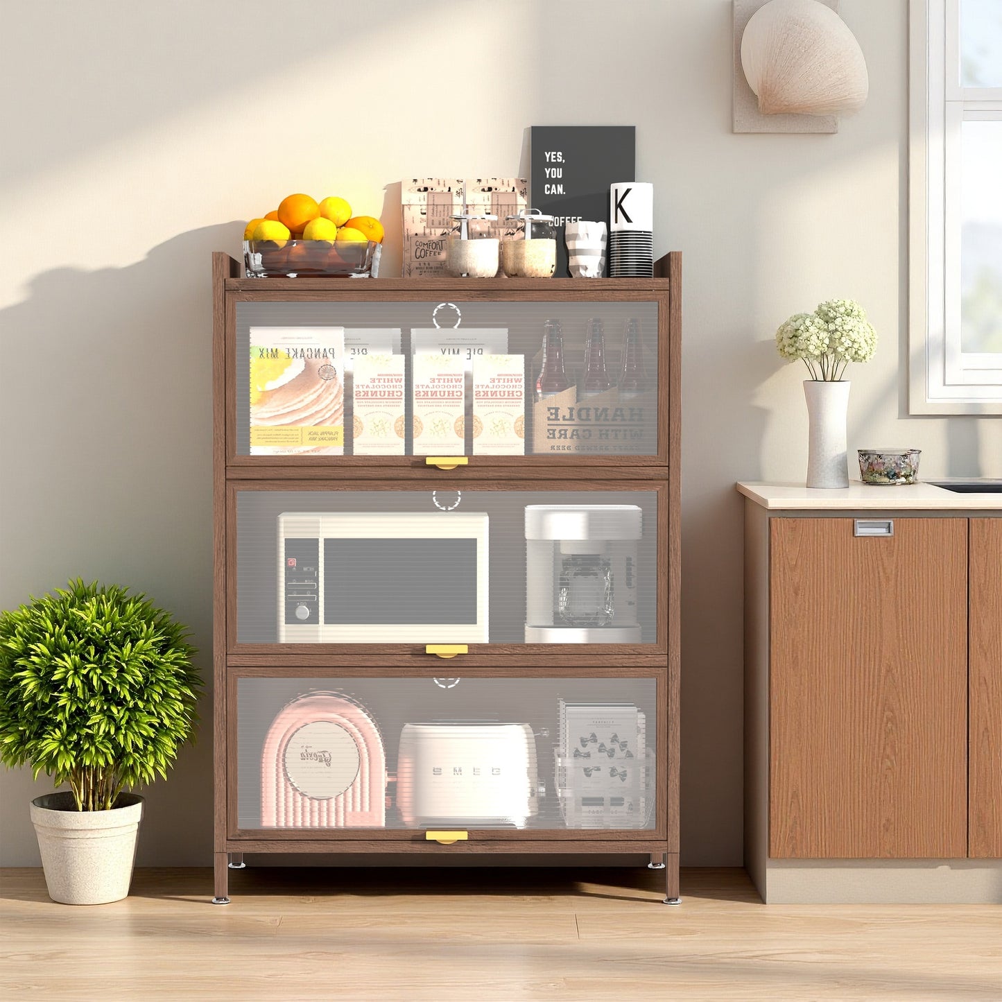 44'' Tall Metal Cabinet with 3 Flip Doors - Walnut Storage