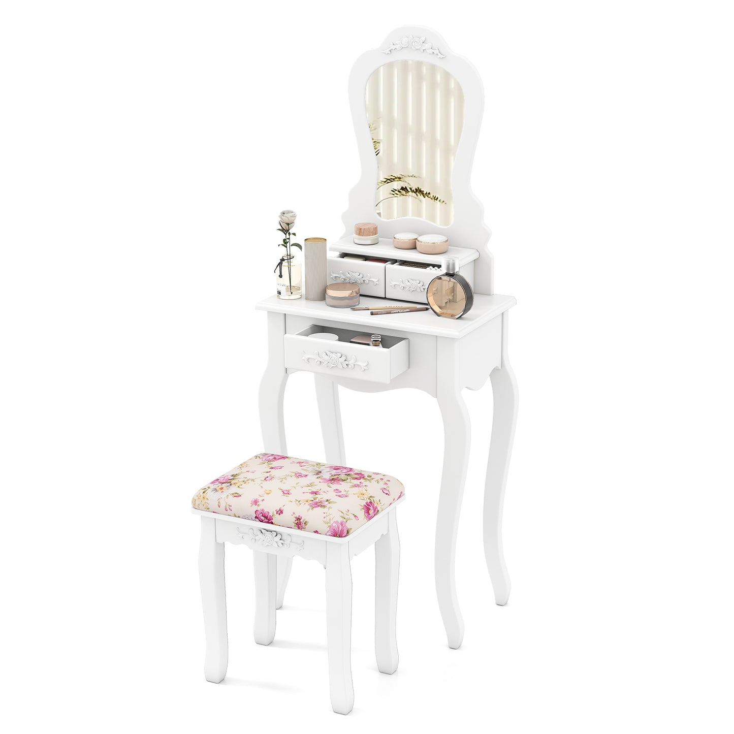 Makeup Vanity Table with 3 Drawers & Cushioned Stool - White