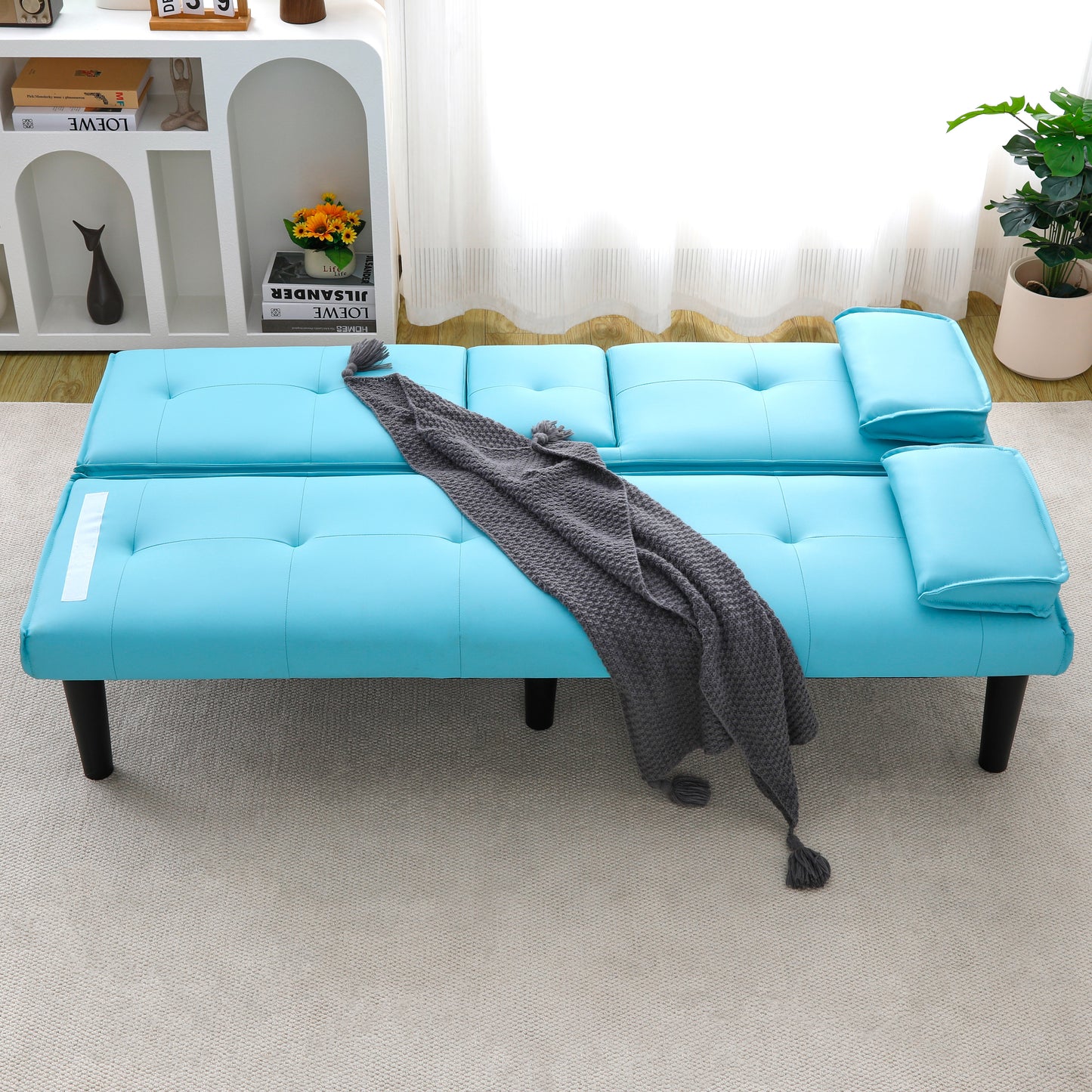 67-Inch Blue PVC Multi-Functional Sofa Bed with Cup Holder