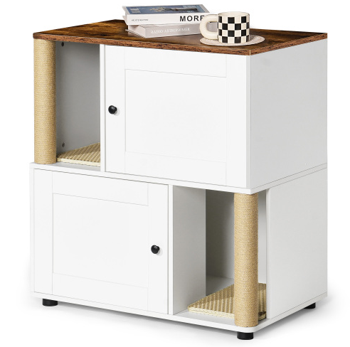 Double Cat Litter Box Enclosure Cabinet for 2 Cats with Shelves White Vintage
