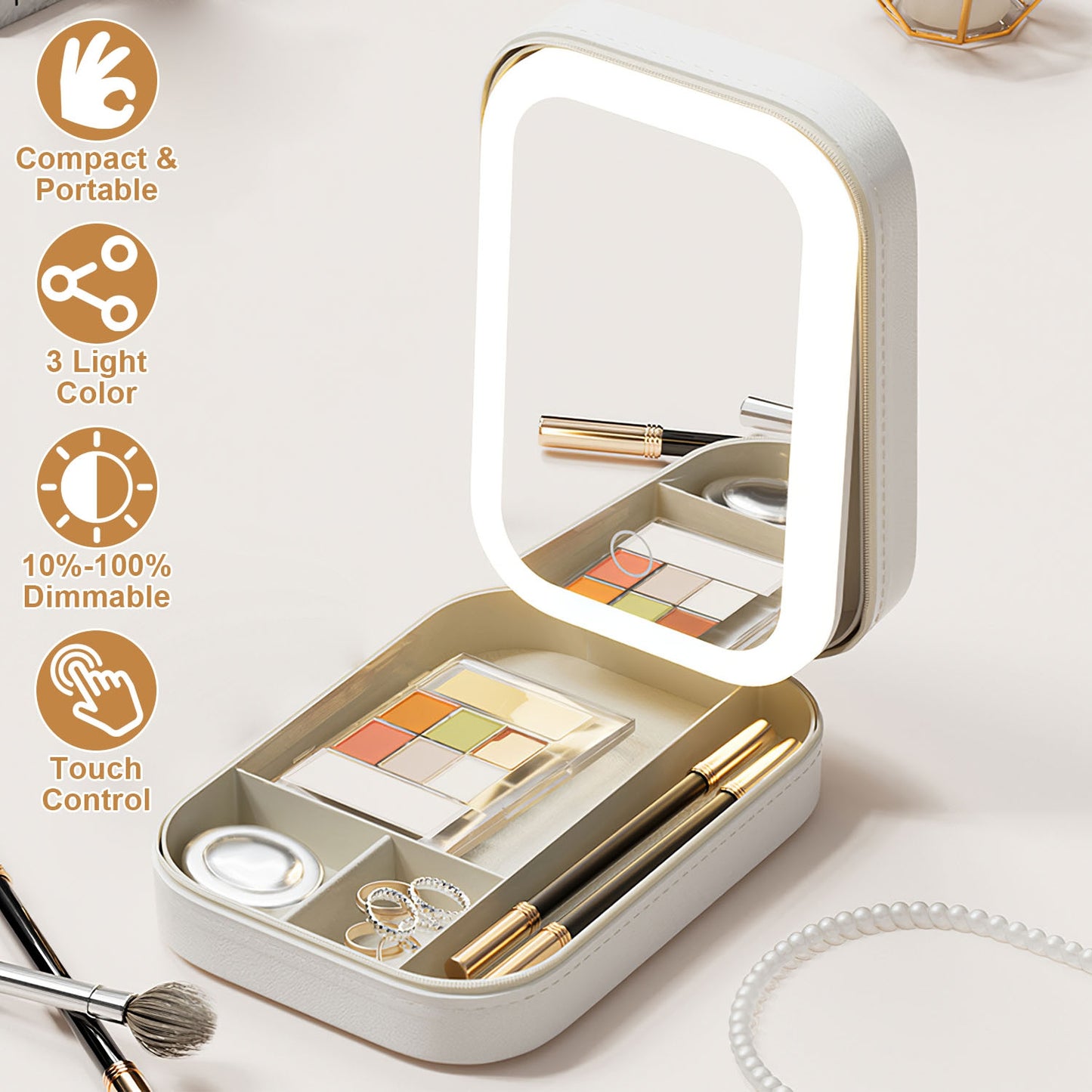 Portable Travel Makeup Bag with Rechargeable LED Mirror and 4 Compartments