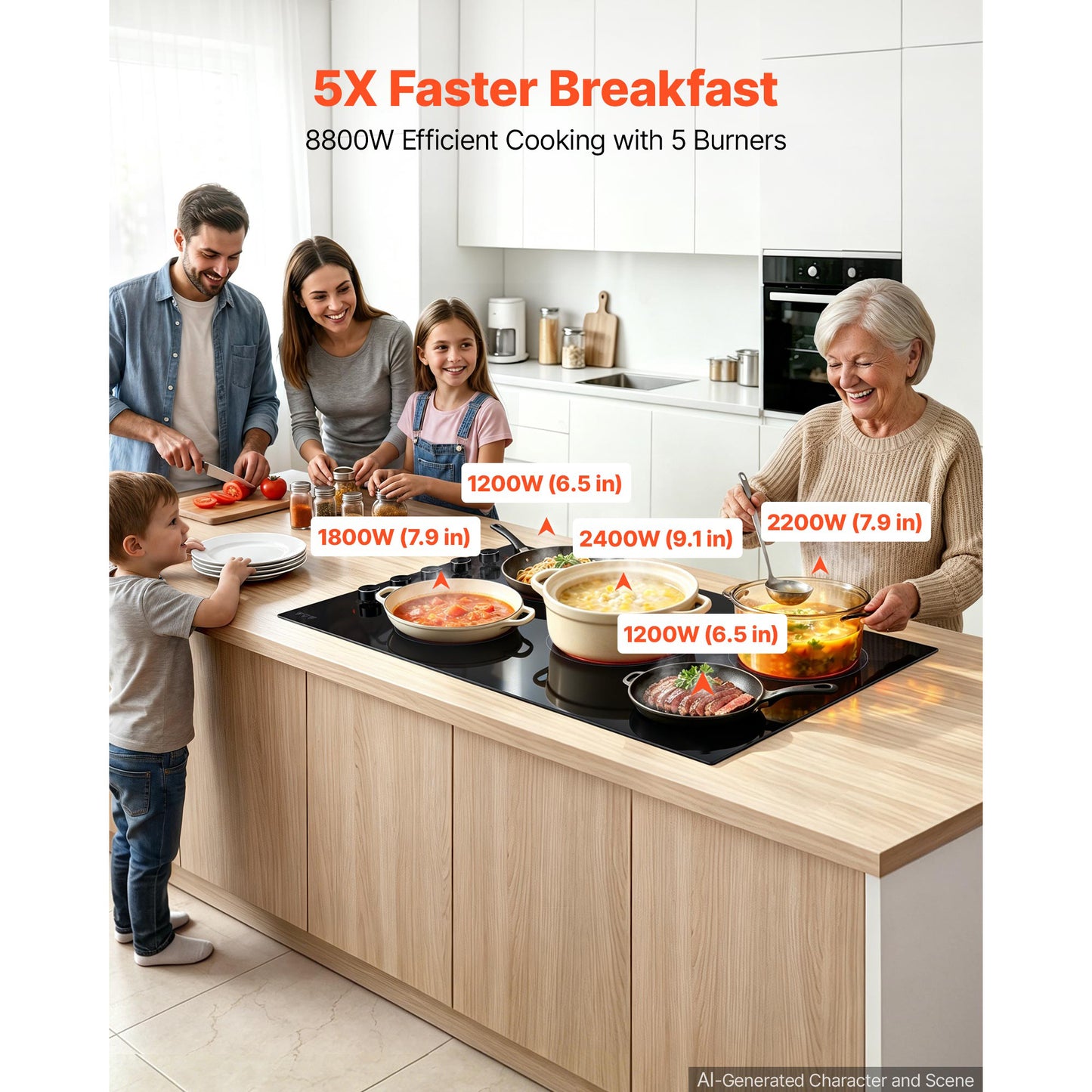 36-Inch Electric Cooktop with 5 Burners, 8800W, Touch Control, Timer, Child Lock