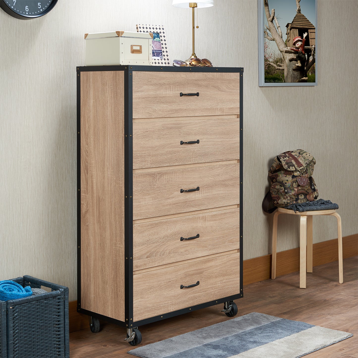 Weathered Light Oak Finish Storage Chest with 5 Drawers