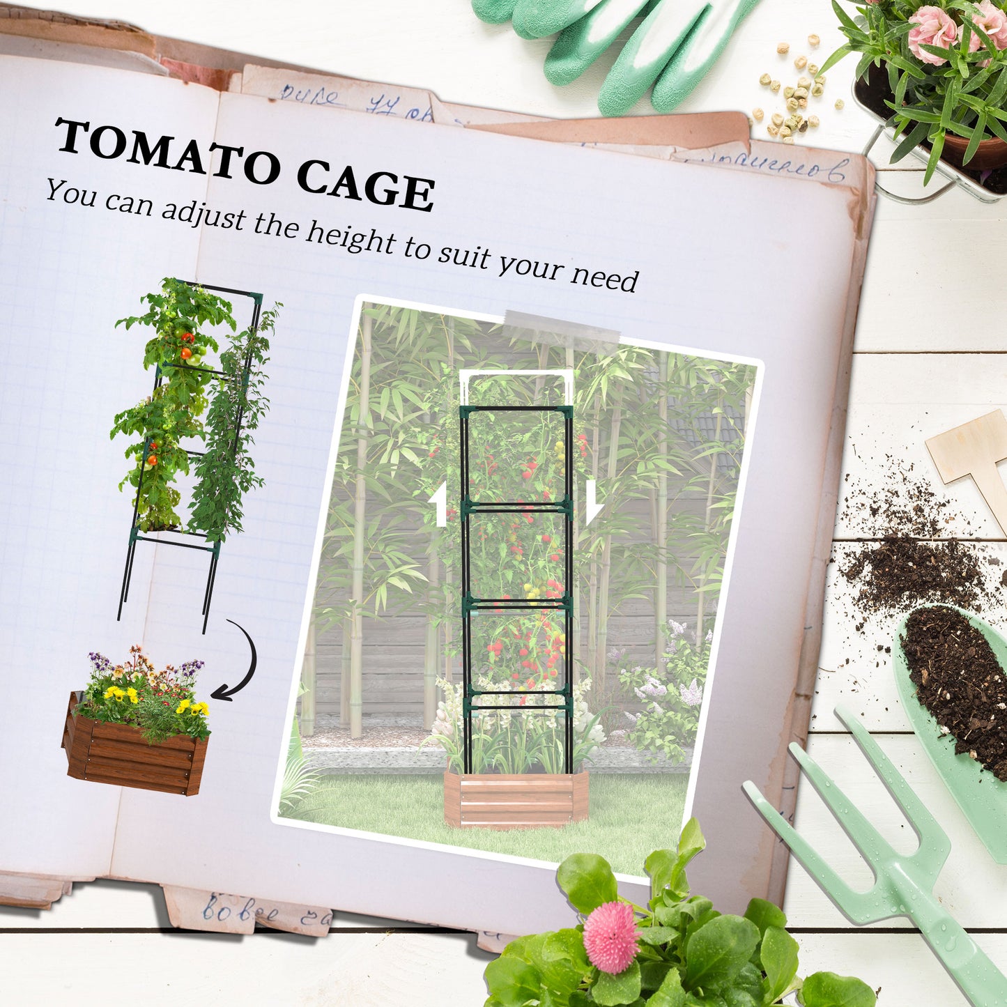 Galvanized Raised Garden Bed with Tomato Cage - 24x24x73.5 Inches, Brown