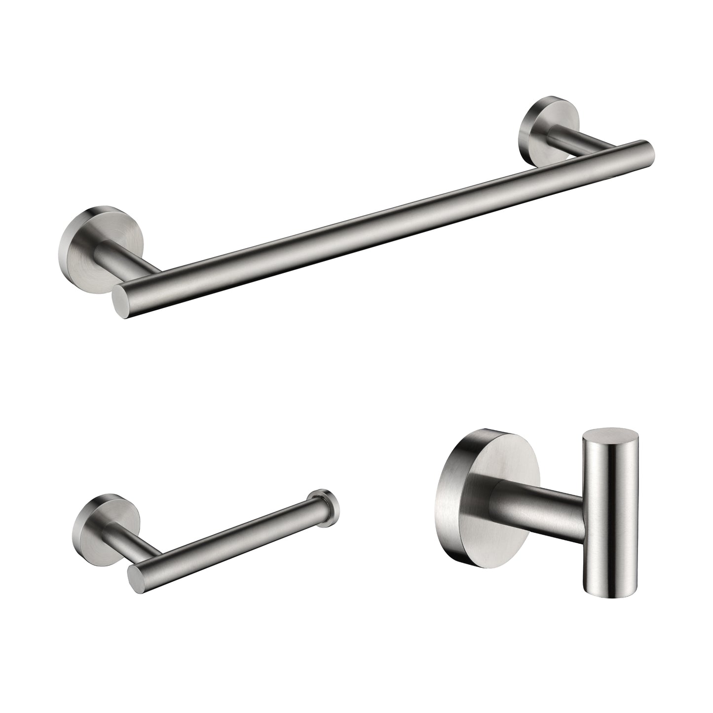 3-Piece Bathroom Hardware Accessories Set - Towel Bar, Toilet Paper Holder, Robe Hook - Brushed Nickel
