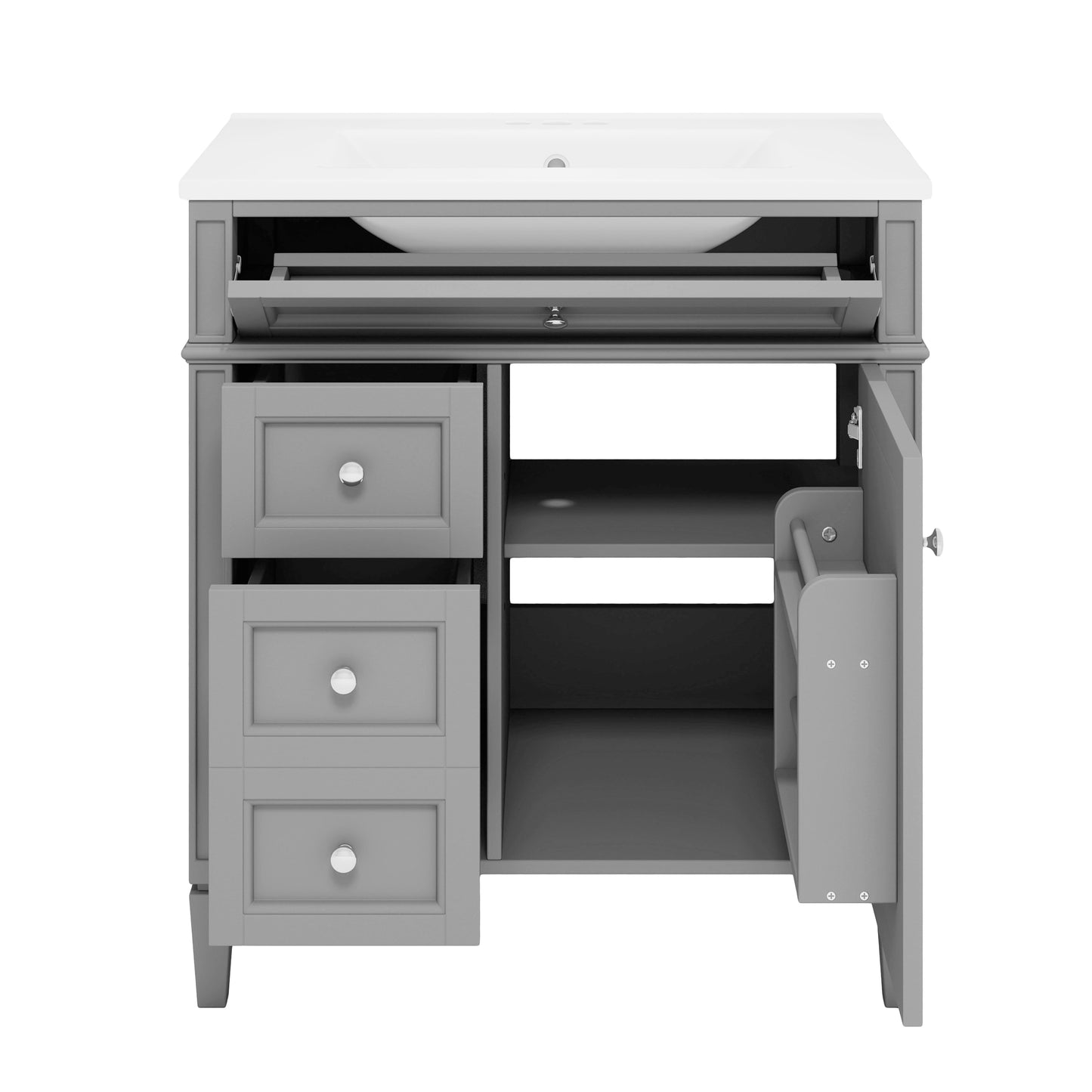 30'' Modern Bathroom Vanity with Sink & 3 Drawers - Grey