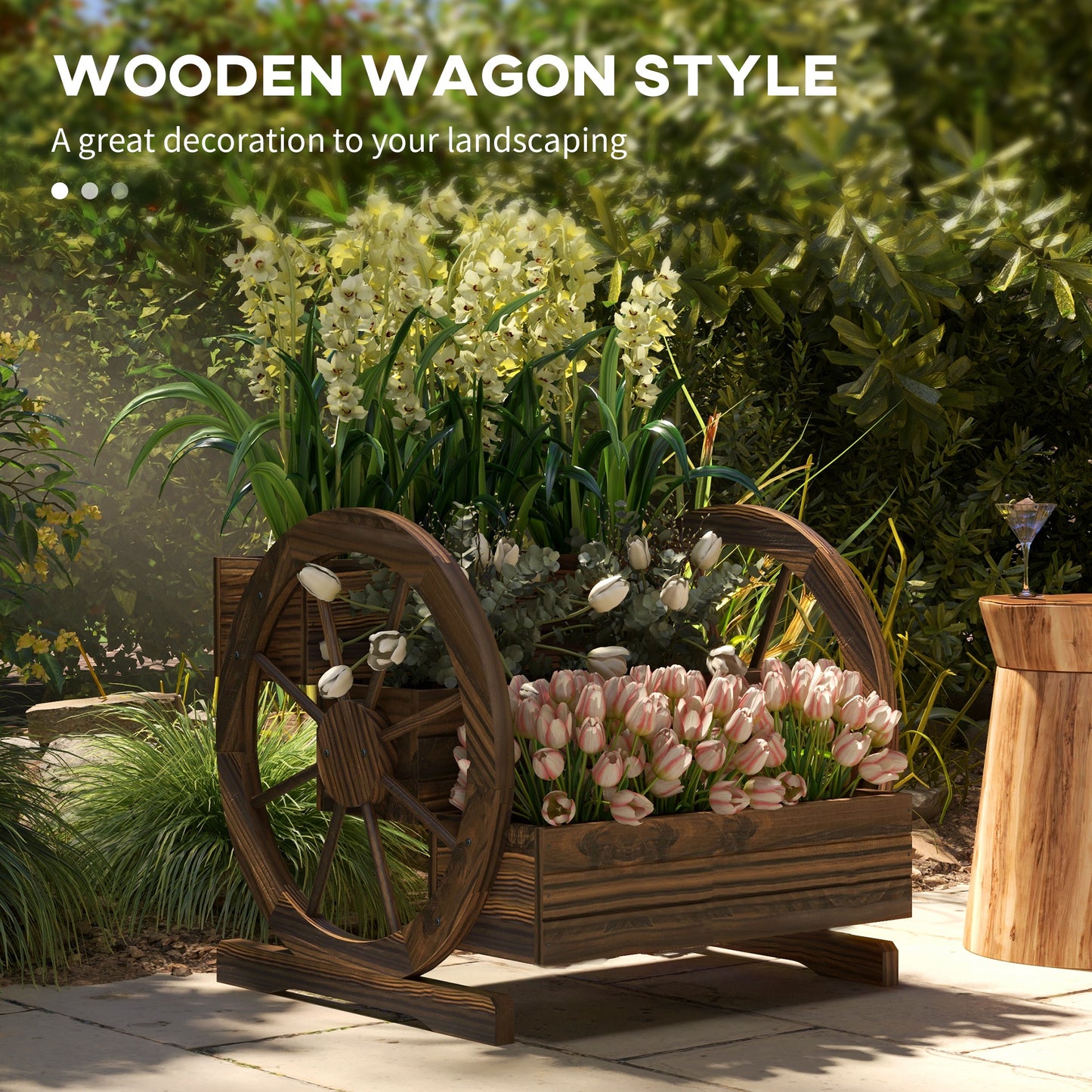 Wooden Wagon Planter Box 3-Tier Raised Garden Bed for Vegetables Flowers Herbs - Carbonized 25" x 24" x 23"