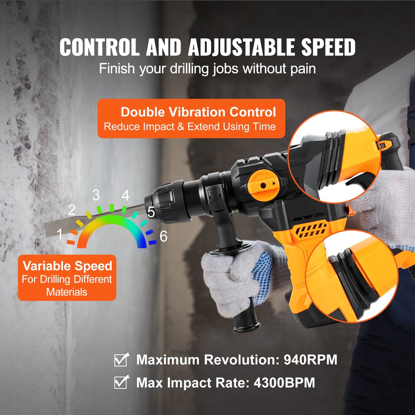 Corded Rotary Hammer Drill 1-1/4 Inch SDS Plus 4 Modes Heavy Duty Power Tool - Yellow