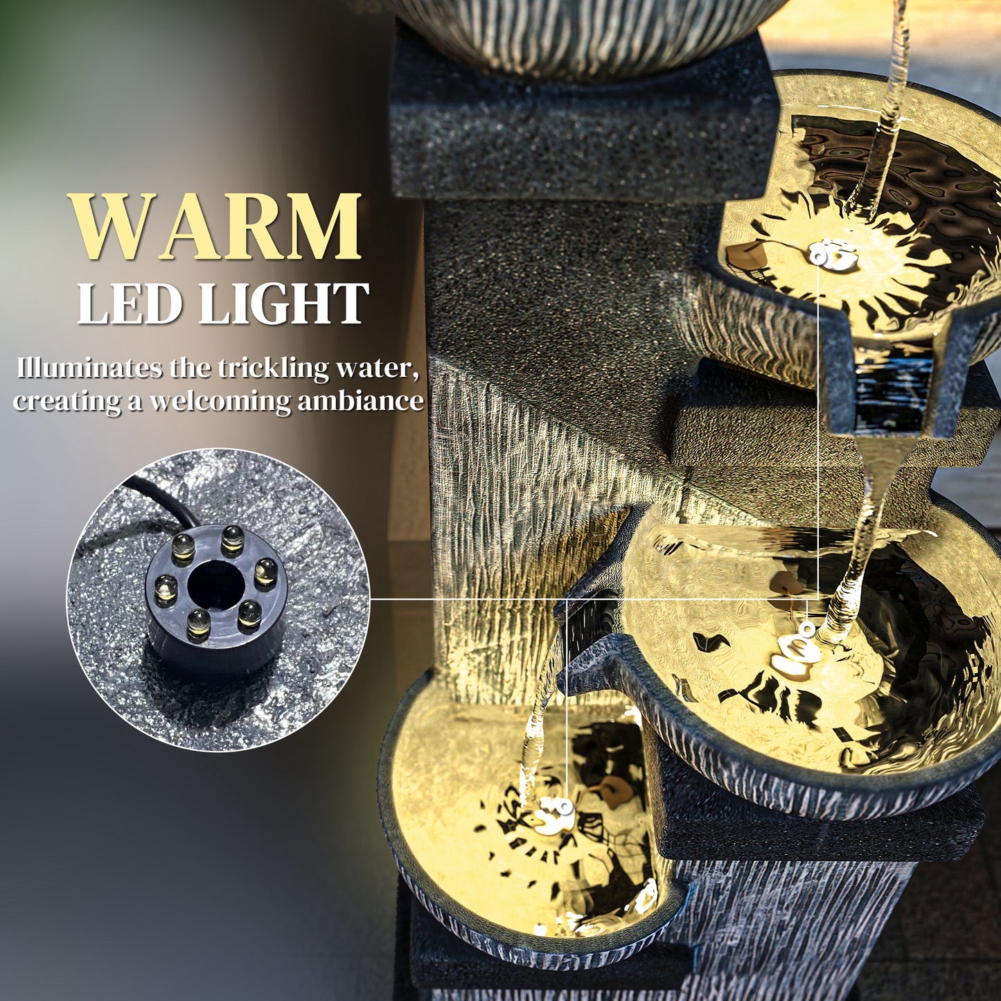 33.5-inch Outdoor Water Fountain with LED Lights 4-Tier Cascading Bowls