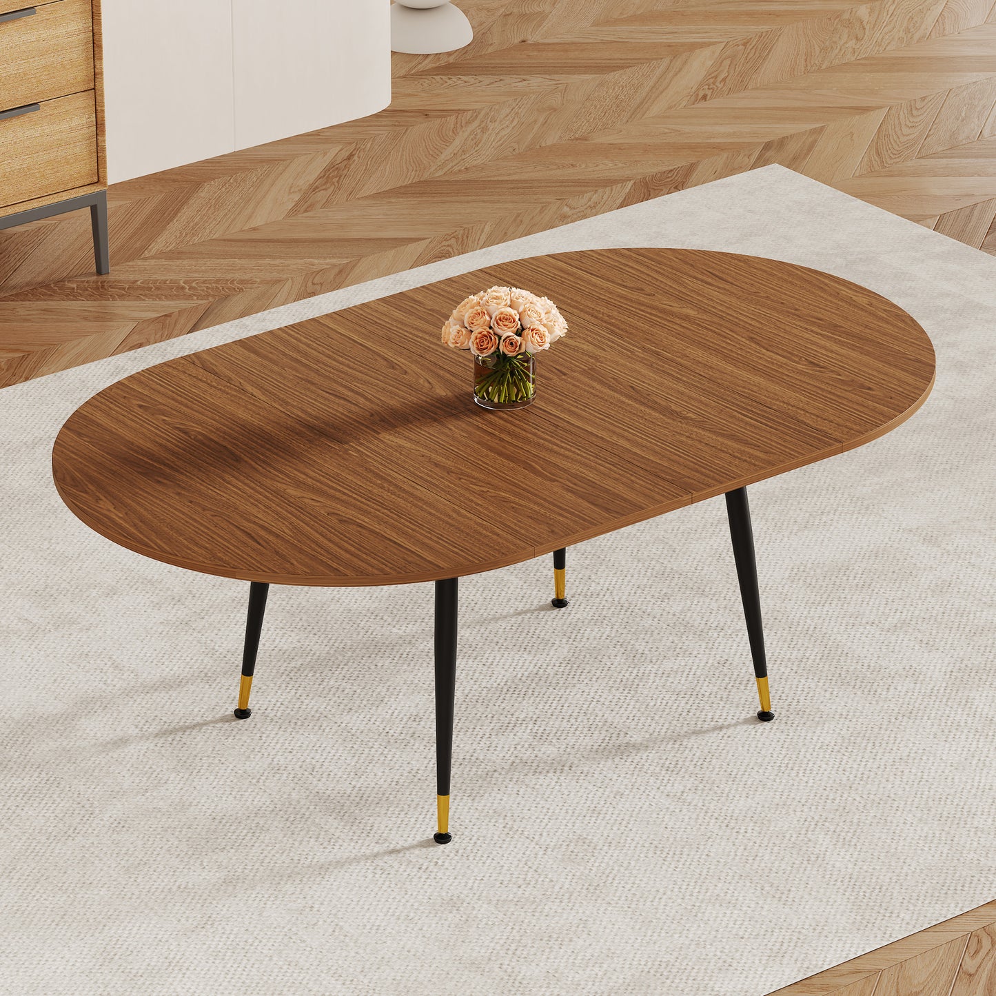 Walnut Oval Extendable Dining Table, MDF Top Modern Expandable