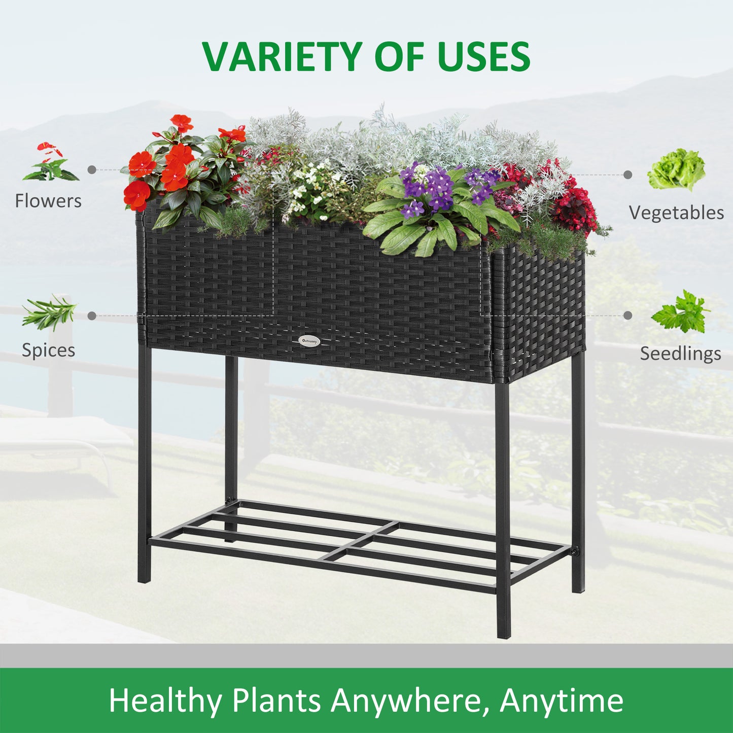 Raised Flower & Vegetable Planter Box with Storage Shelf - Black 730x130x320mm